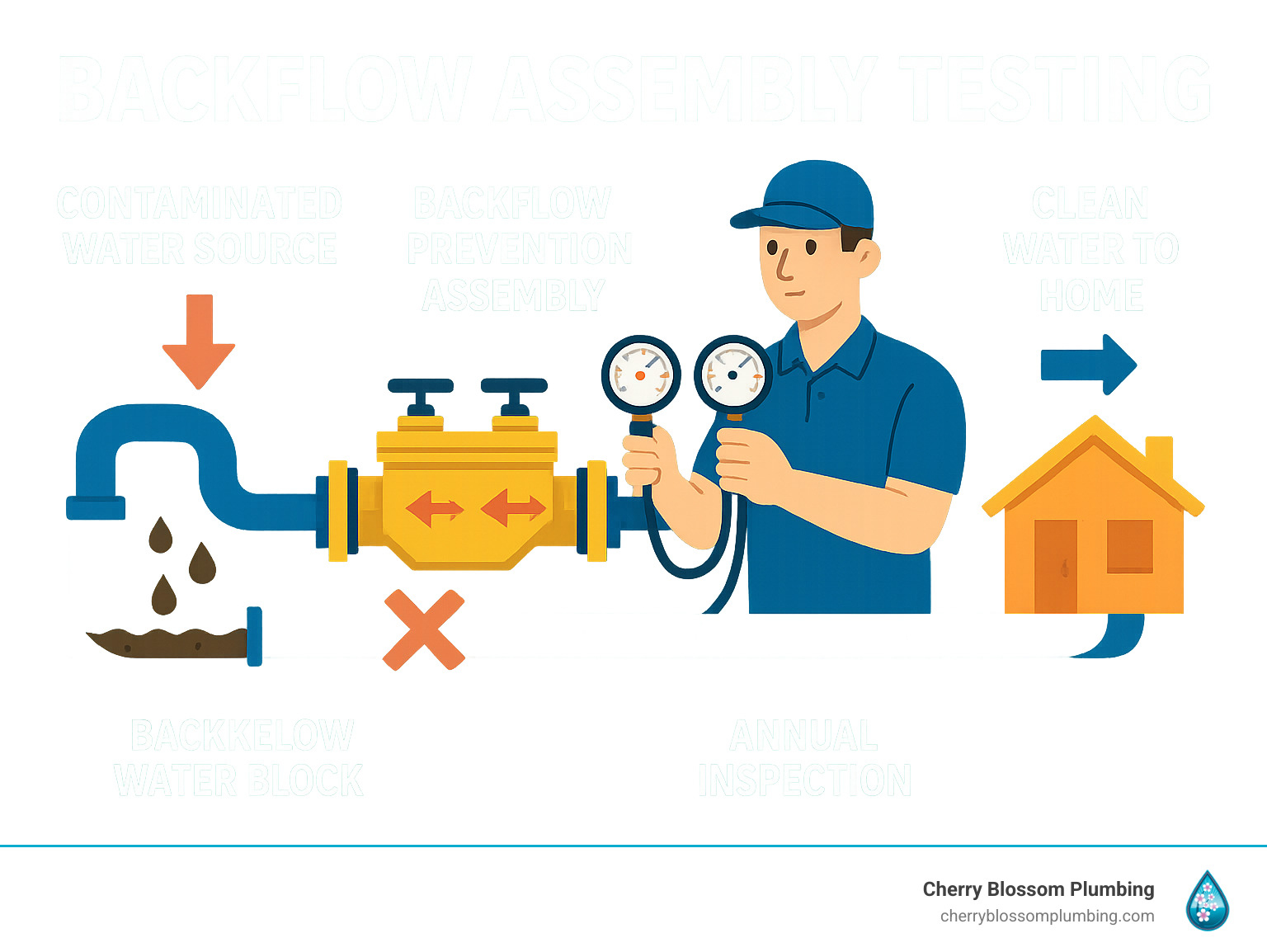 Comprehensive infographic showing the backflow testing process: contaminated water source attempting to flow backward through pipes, backflow prevention assembly blocking the flow, certified tester performing annual inspection with pressure gauges, and clean water continuing safely to homes - backflow assembly testing infographic 