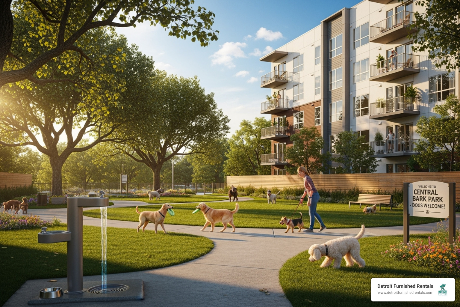a dog-friendly park near an apartment building - pet friendly temporary housing