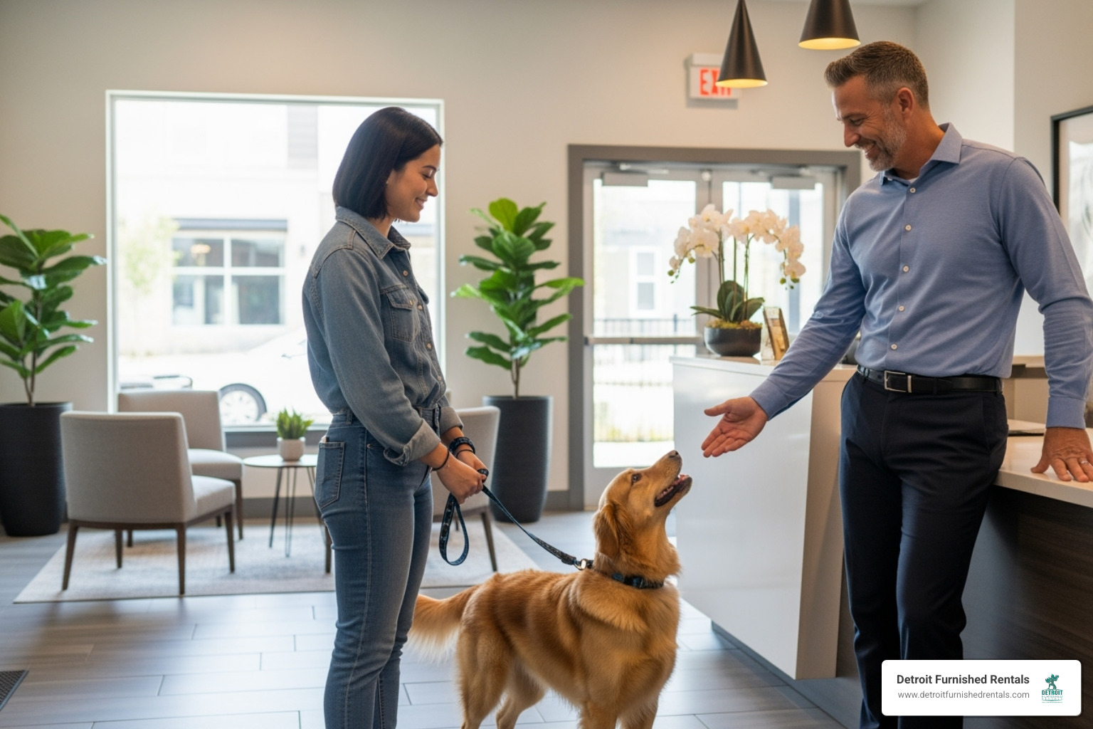 a person and their pet meeting a friendly property manager - pet friendly temporary housing