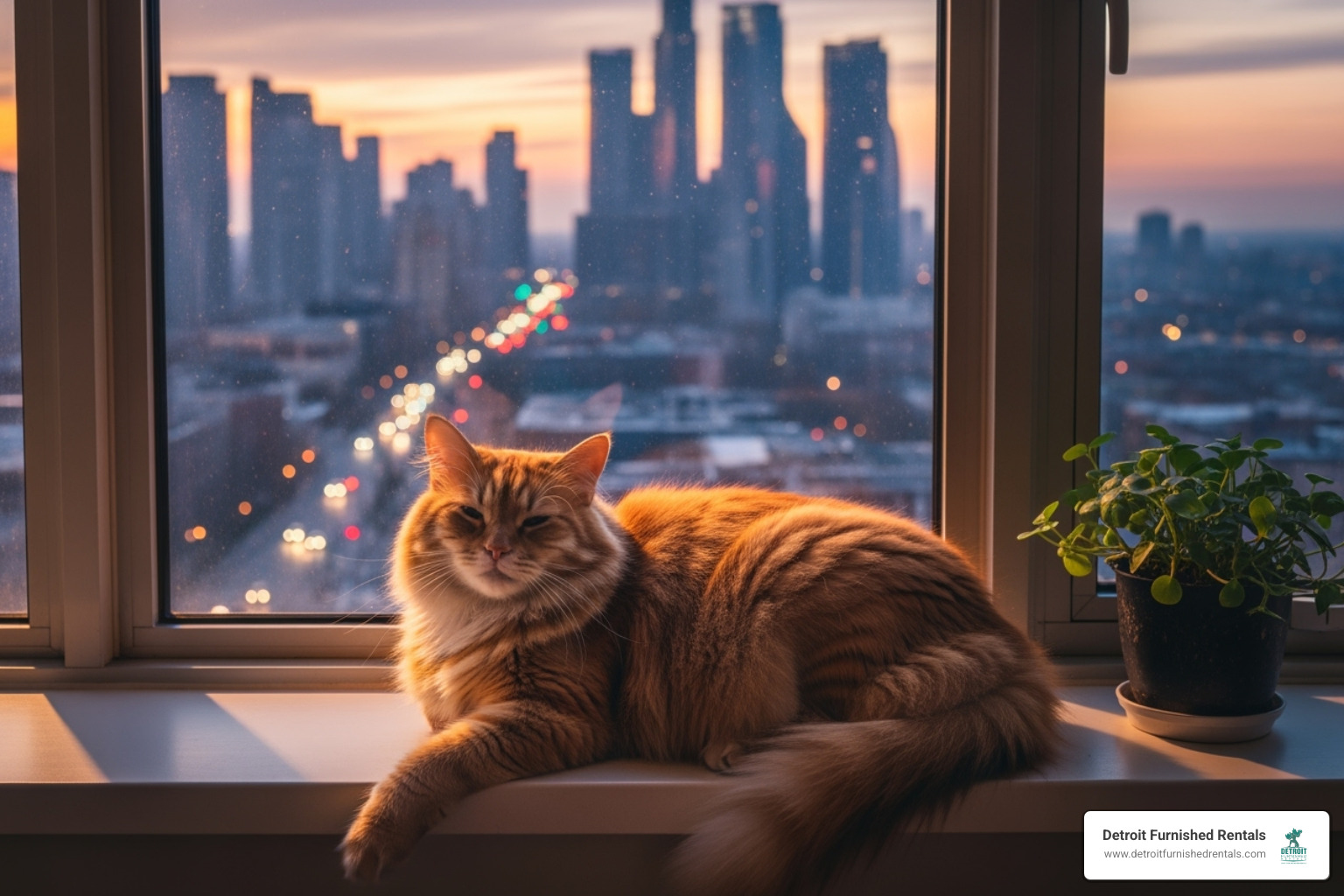 a cat lounging on a windowsill overlooking a city skyline - pet friendly temporary housing