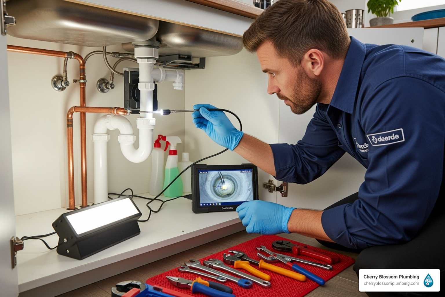 professional plumber using a video inspection camera - Clogged sink repair Arlington