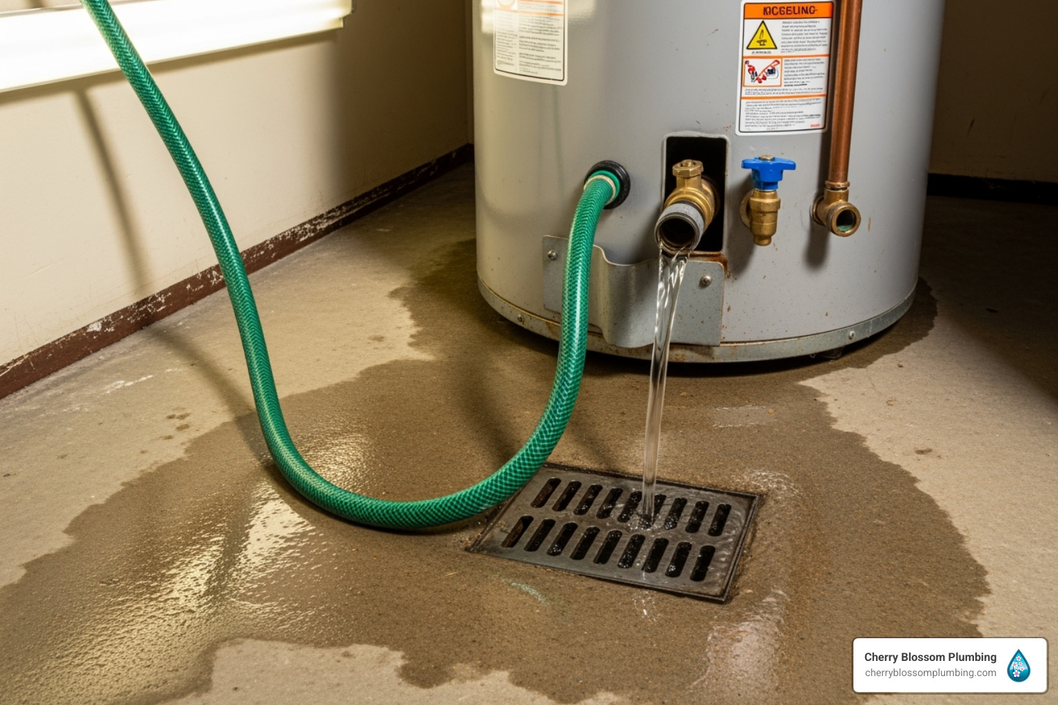A garden hose connected to a water heater's drain valve, emptying into a floor drain - Electric water heater replacement