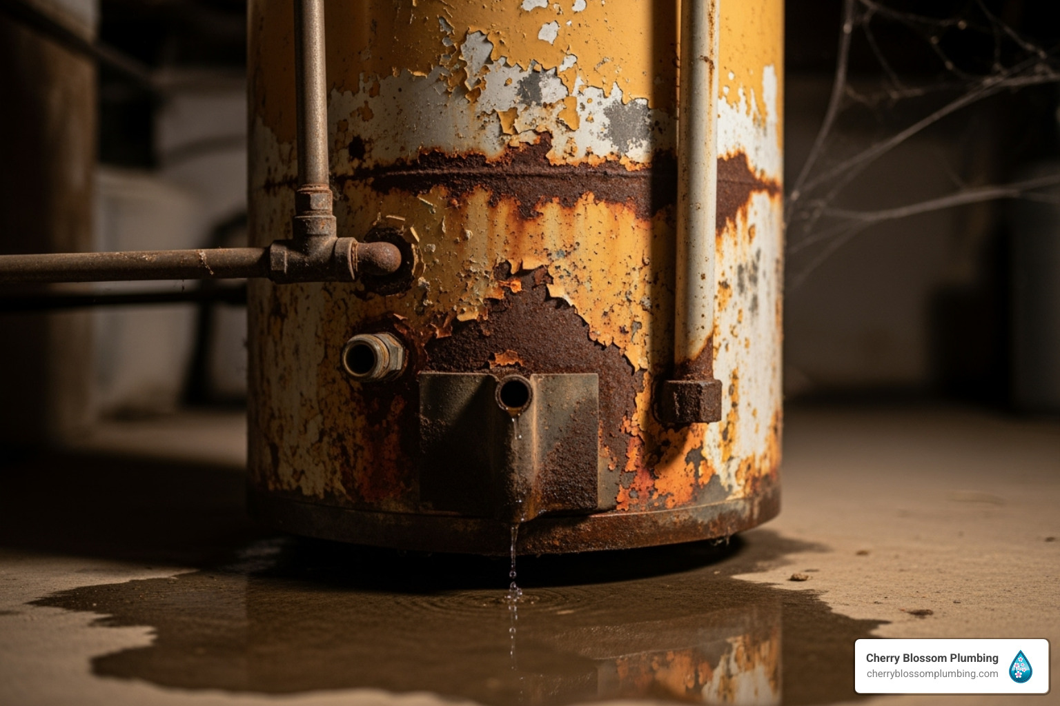 A rusty old water heater with a small puddle at its base - Electric water heater replacement