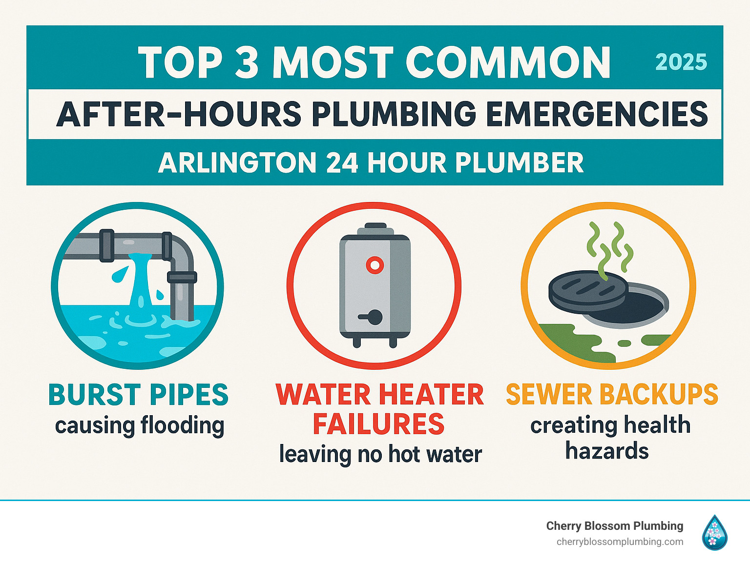 infographic showing the top 3 most common after-hours plumbing emergencies: burst pipes causing flooding, water heater failures leaving families without hot water, and sewer backups creating health hazards - arlington 24 hour plumber infographic 