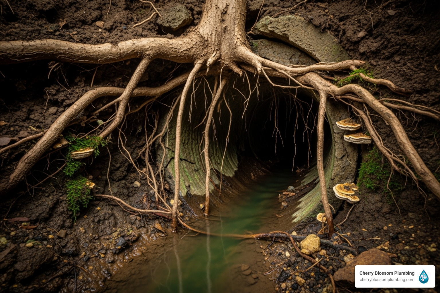 tree roots growing into a cracked sewer pipe - sewer line replacement arlington
