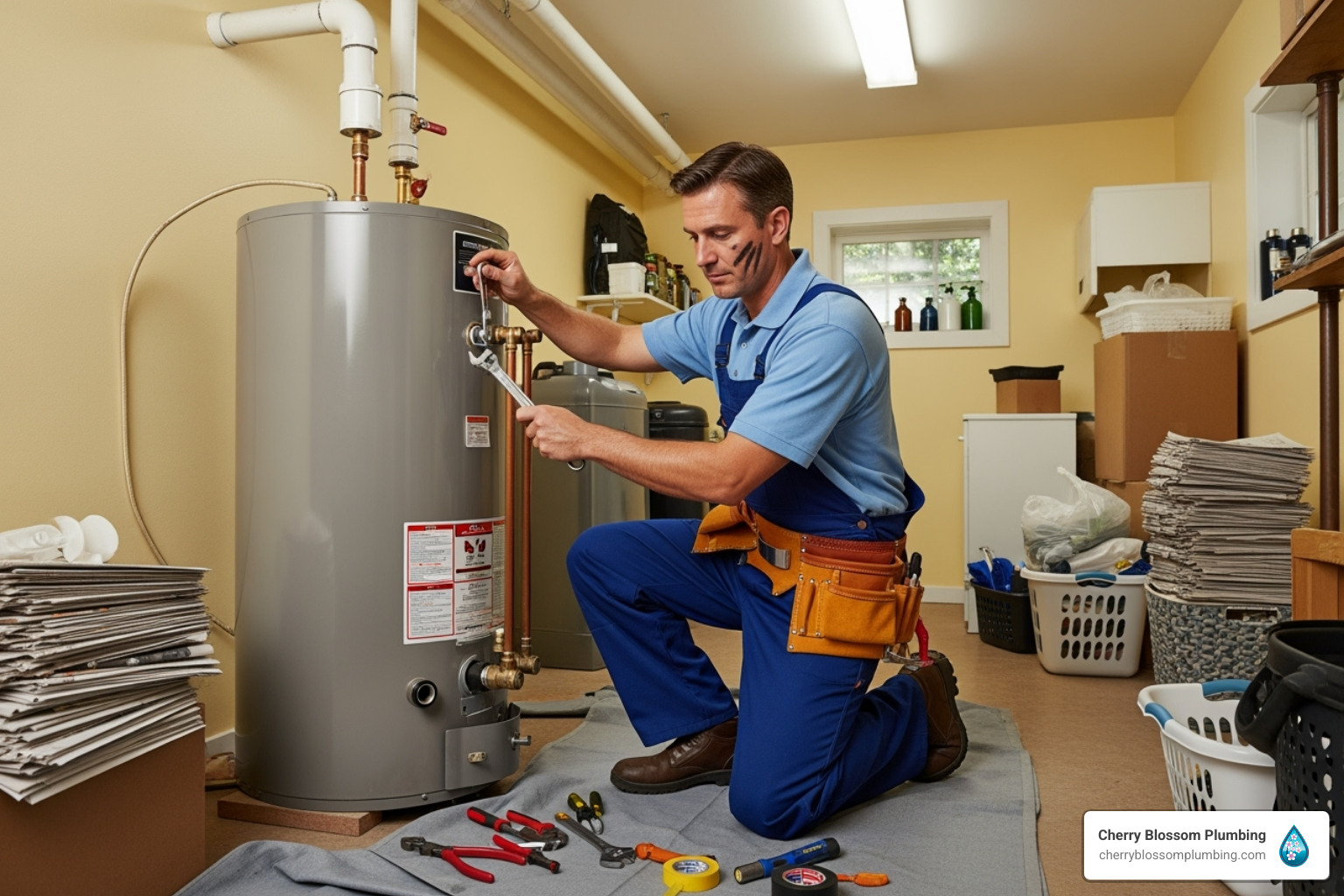 plumber performing routine maintenance on a water heater - emergency plumber arlington VA
