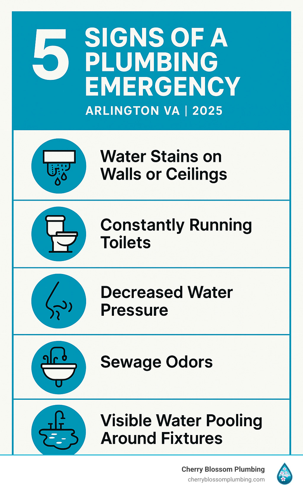 Infographic showing the top 5 signs of a plumbing emergency: water stains on walls or ceilings, constantly running toilets, decreased water pressure, sewage odors, and visible water pooling around fixtures - emergency plumber arlington VA infographic 