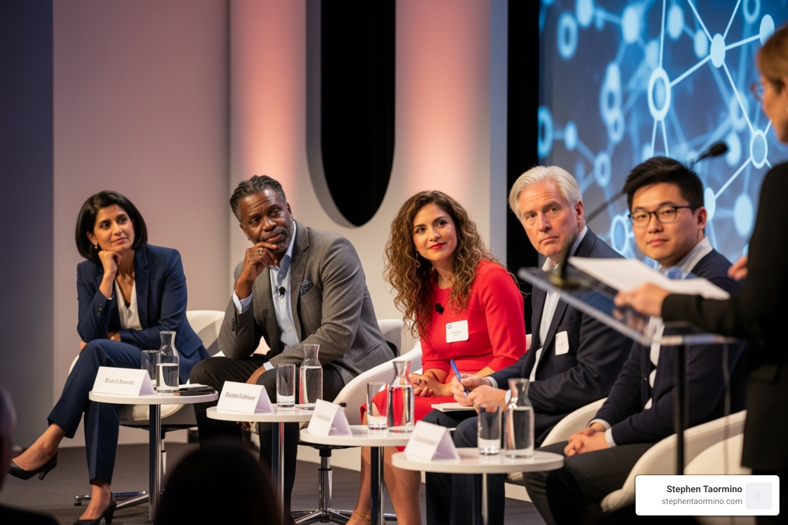 diverse panel listening to a moderator - panel discussion moderator introduction