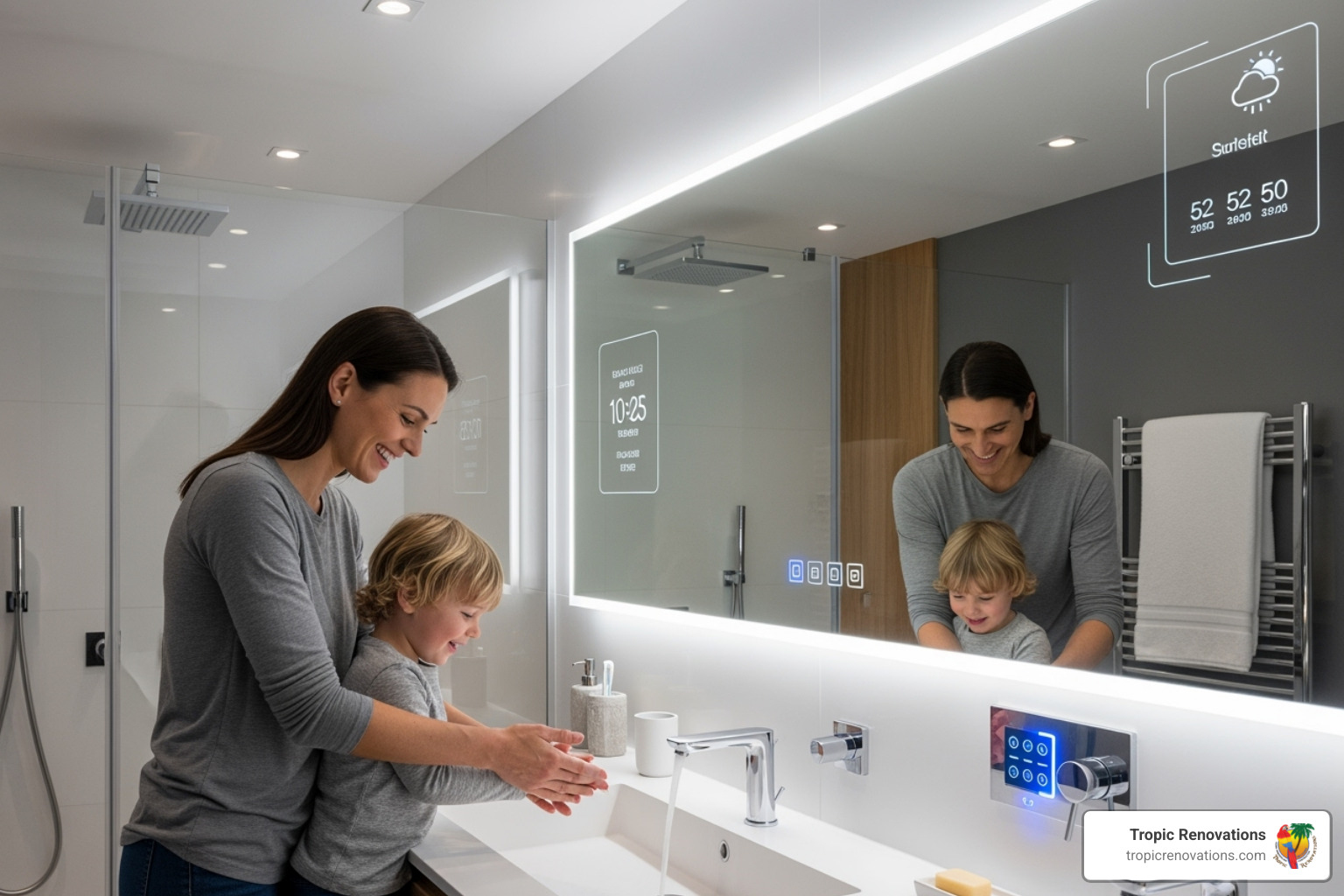 family enjoying high-tech bathroom - Smart bathroom features?