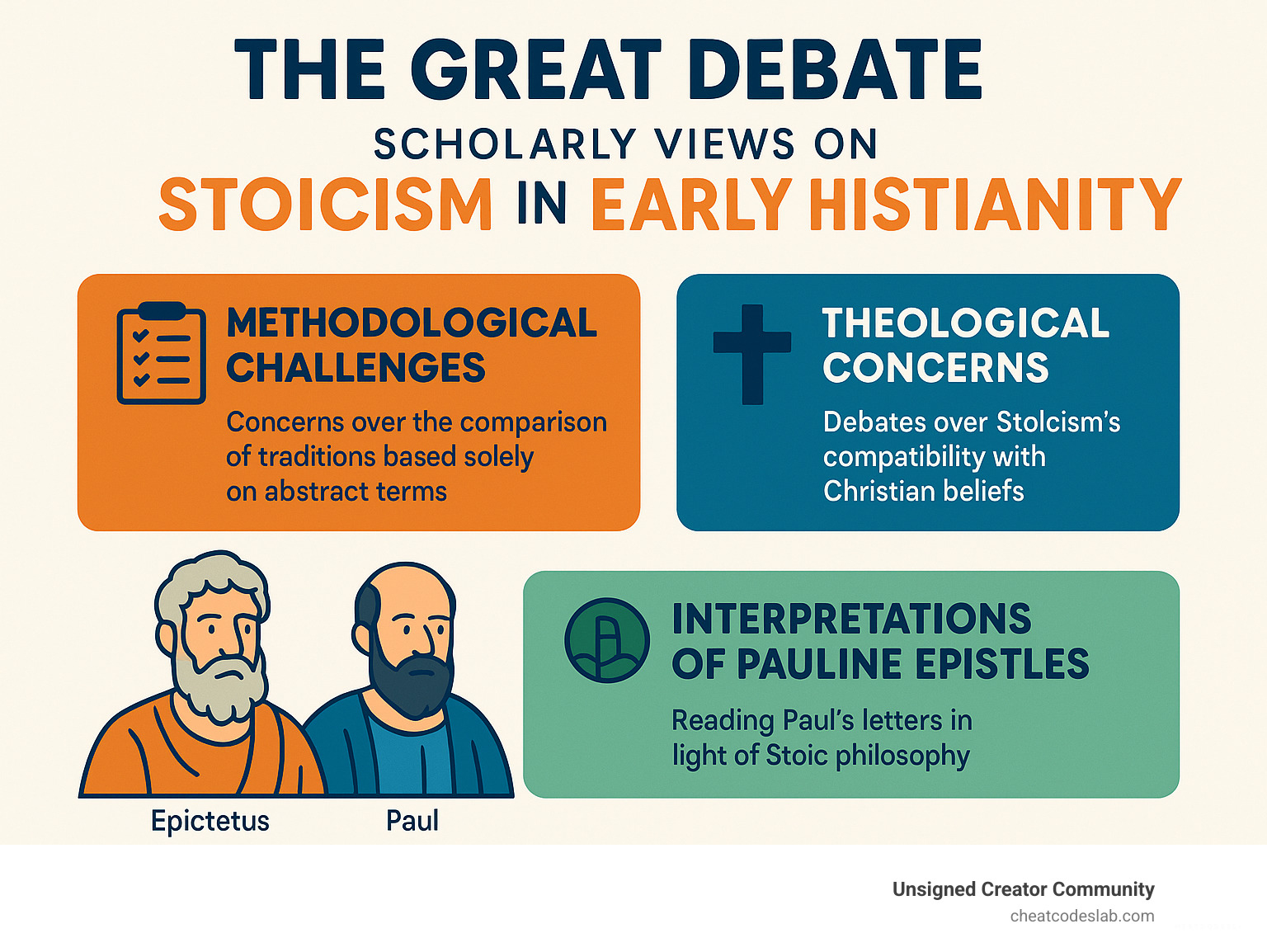 Infographic detailing scholarly debates on Stoicism's influence, including methodological challenges, theological concerns, and specific interpretations of Pauline epistles - stoicism in early christianity infographic 