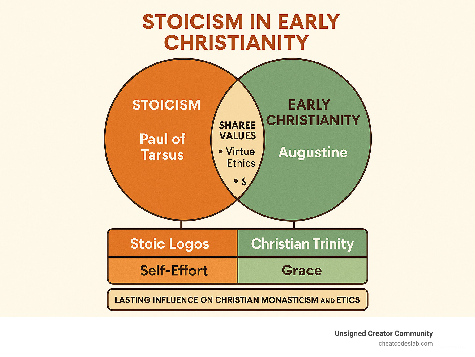 Infographic showing the intersection of Stoicism and Early Christianity, including shared values like virtue ethics and self-control, key figures such as Paul of Tarsus and Augustine, major differences in divine conception (Stoic logos vs Christian Trinity), approaches to salvation (self-effort vs grace), and lasting influence on Christian monasticism and ethics - stoicism in early christianity infographic 