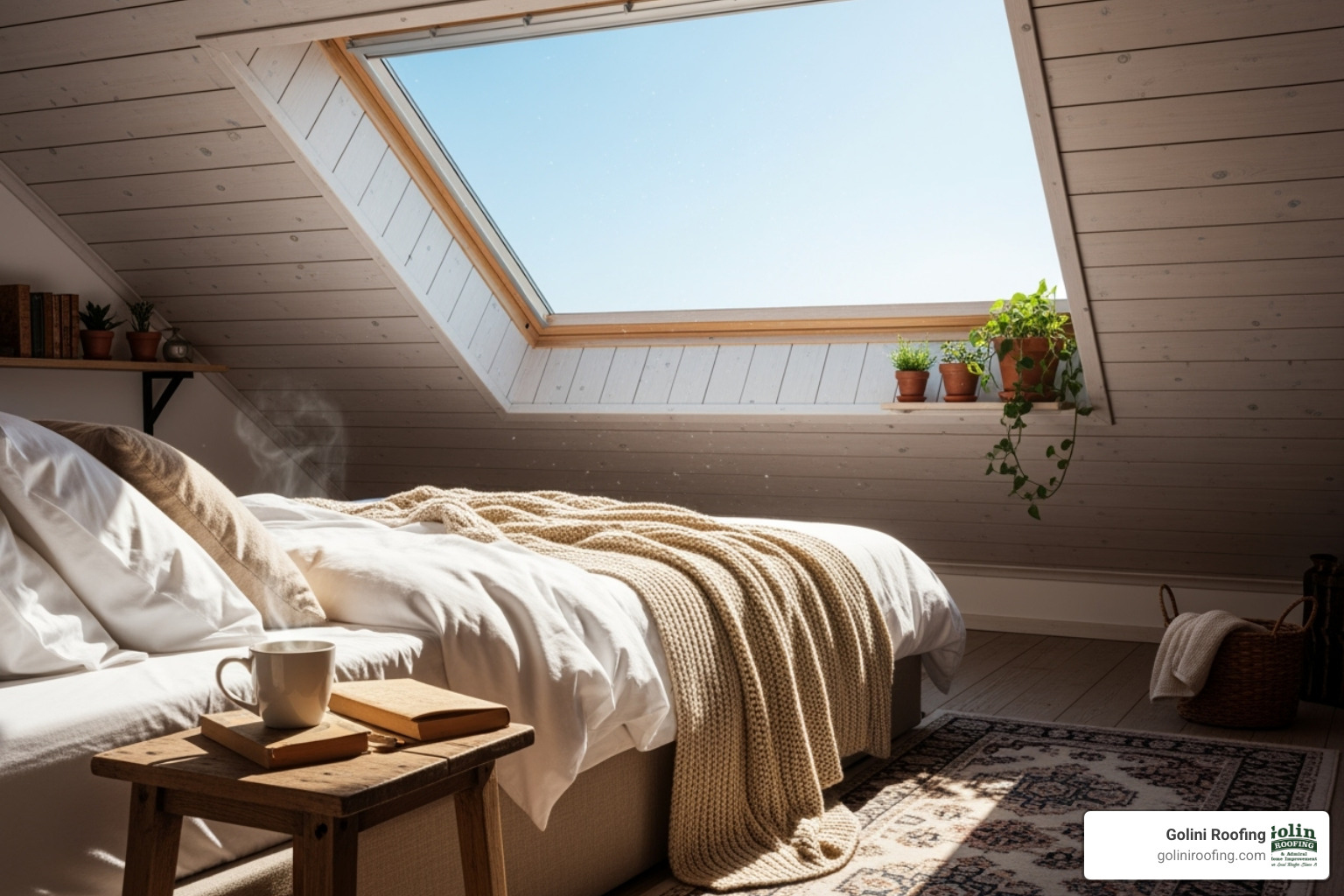 A cozy attic bedroom with a skylight showing the sky, filled with natural light - Skylight installation Burlington MA A cozy attic bedroom with a skylight showing the sky, filled with natural light - Skylight installation Burlington MA