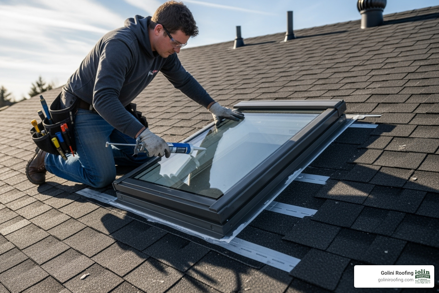 A certified roofer installing a skylight with precision on an asphalt shingle roof, ensuring a perfect fit and seal - Skylight installation Burlington MA A certified roofer installing a skylight with precision on an asphalt shingle roof, ensuring a perfect fit and seal - Skylight installation Burlington MA