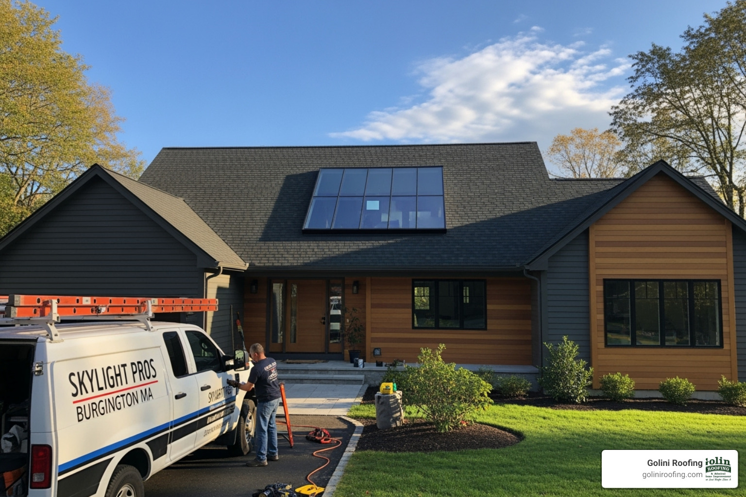 A clean, well-maintained skylight from the exterior, reflecting the sky - Skylight installation Burlington MA A clean, well-maintained skylight from the exterior, reflecting the sky - Skylight installation Burlington MA