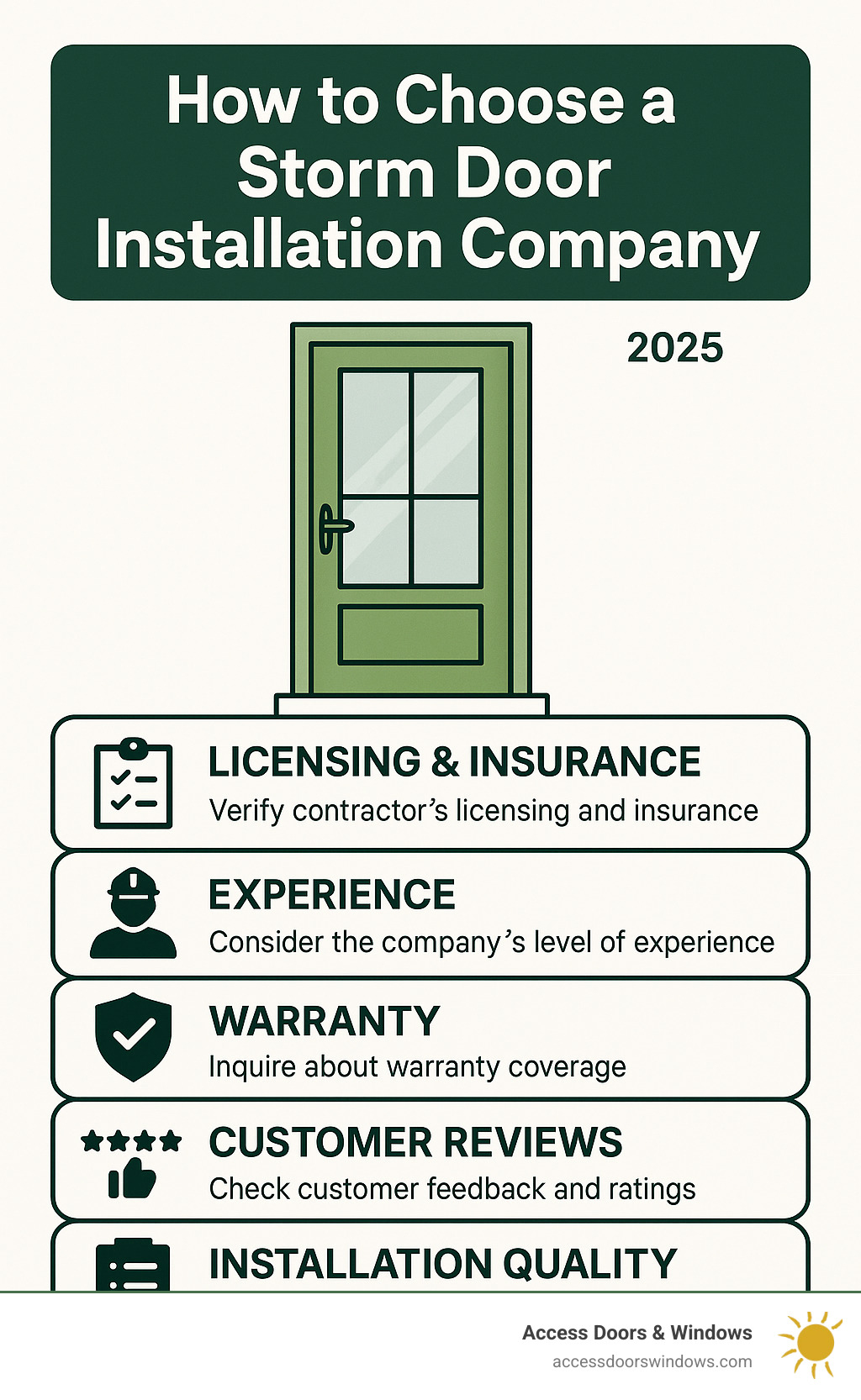 Infographic showing storm door installation company selection criteria including licensing verification, insurance requirements, experience levels, warranty options, customer review ratings, and installation quality checkpoints - storm door installation company infographic 