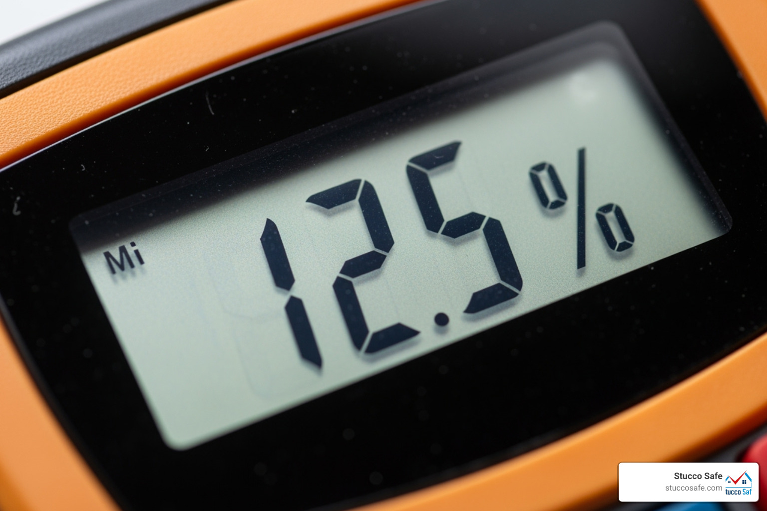 Digital LCD screen of a moisture meter showing a reading of 12.5% - moisture detector