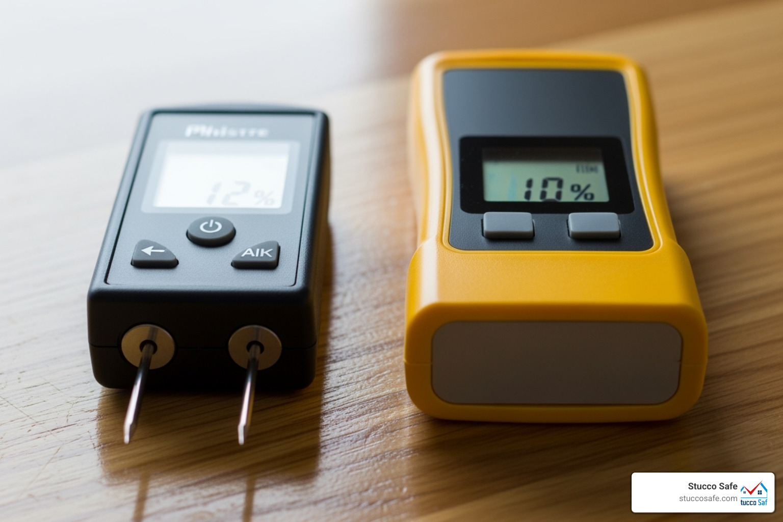 Pin-type moisture meter next to a pinless moisture meter on a wooden surface - moisture detector