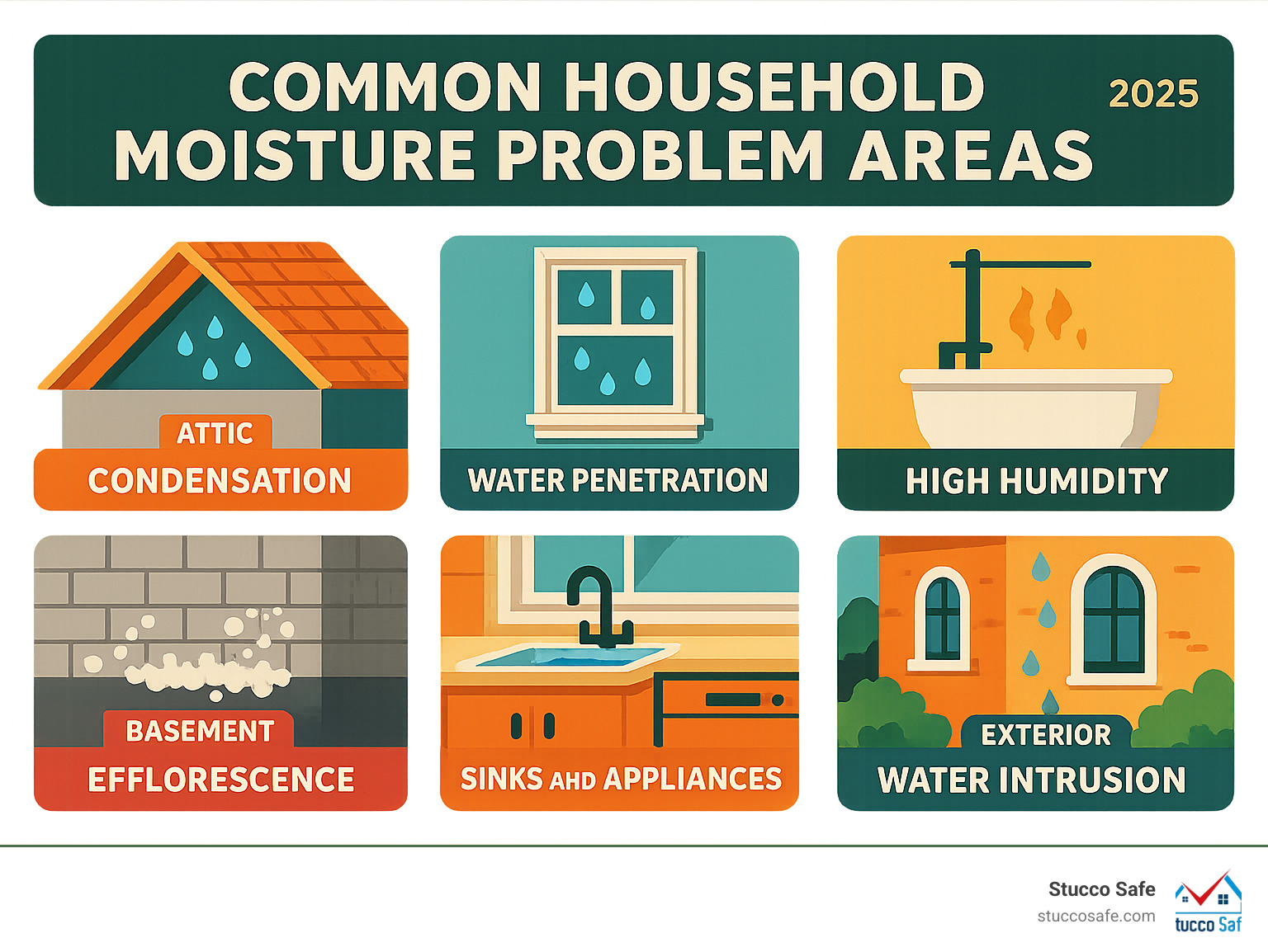Infographic showing common household moisture problem areas including basement walls with efflorescence, attic spaces with condensation, window frames with water penetration, bathroom areas with high humidity, kitchen spaces around sinks and appliances, and exterior stucco walls with potential water intrusion points - moisture detector infographic 