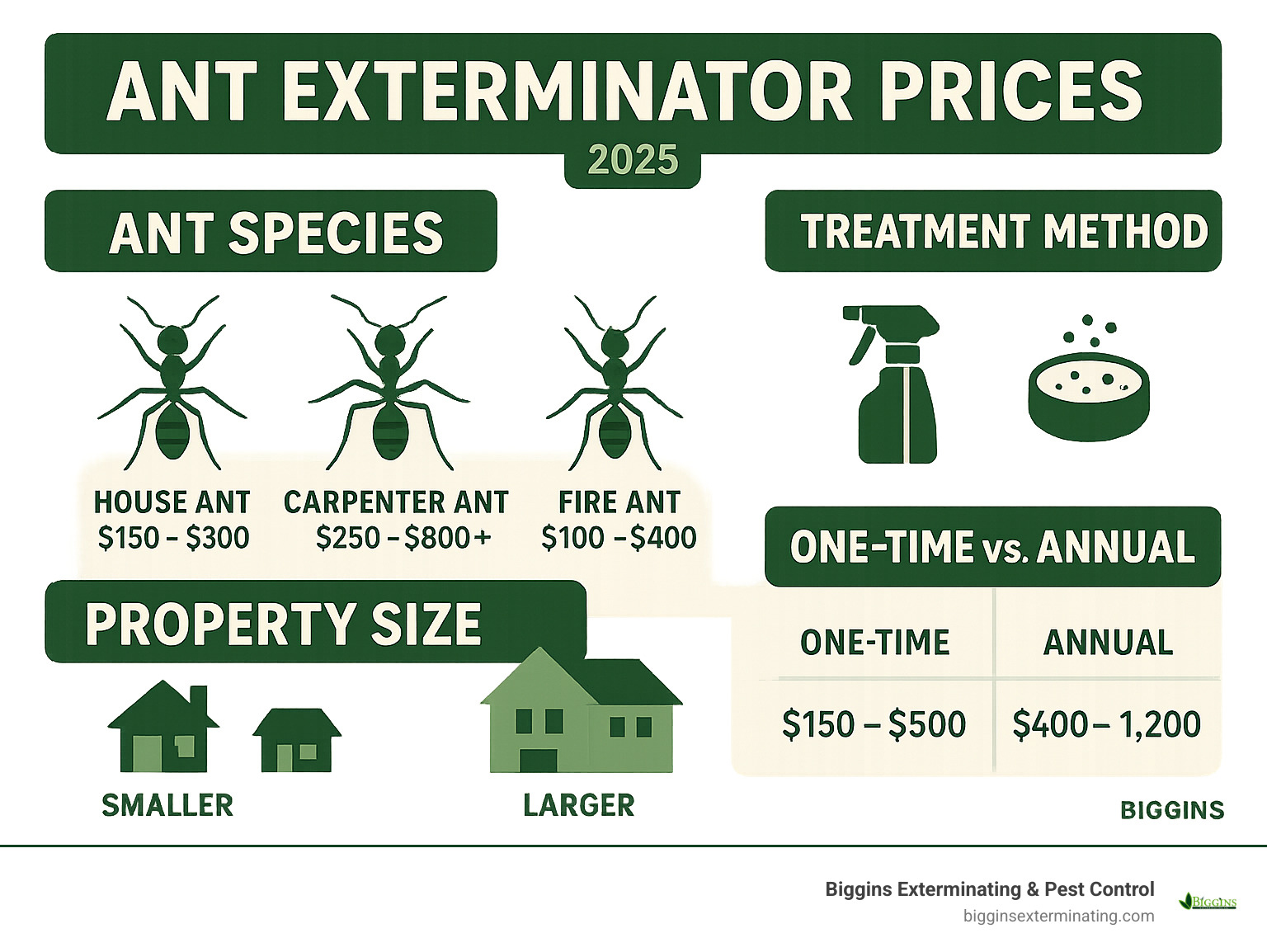 Comprehensive breakdown of ant exterminator pricing factors including ant species costs, treatment methods, property size considerations, and comparison between one-time treatments versus annual maintenance plans with specific price ranges for each category - ant exterminator prices infographic 