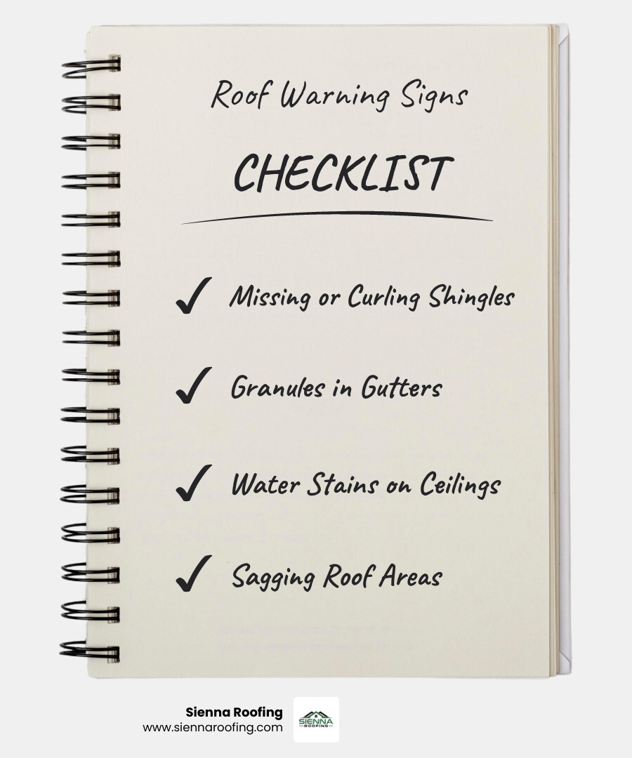 Infographic showing top 5 warning signs your Sugar Land roof needs attention: missing or curling shingles, granules in gutters, water stains on ceilings, sagging roof areas, and energy bill increases, with average roof lifespan of 15-20 years in Houston area climate - roofing companies in sugar land tx infographic checklist-notebook