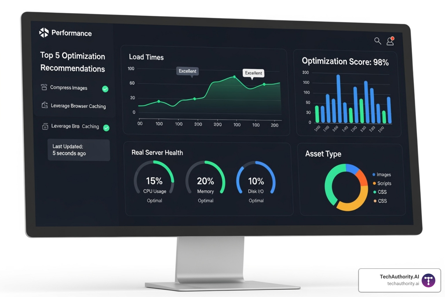 Performance dashboard showing fast load times and optimized server metrics - managed WordPress hosting guide