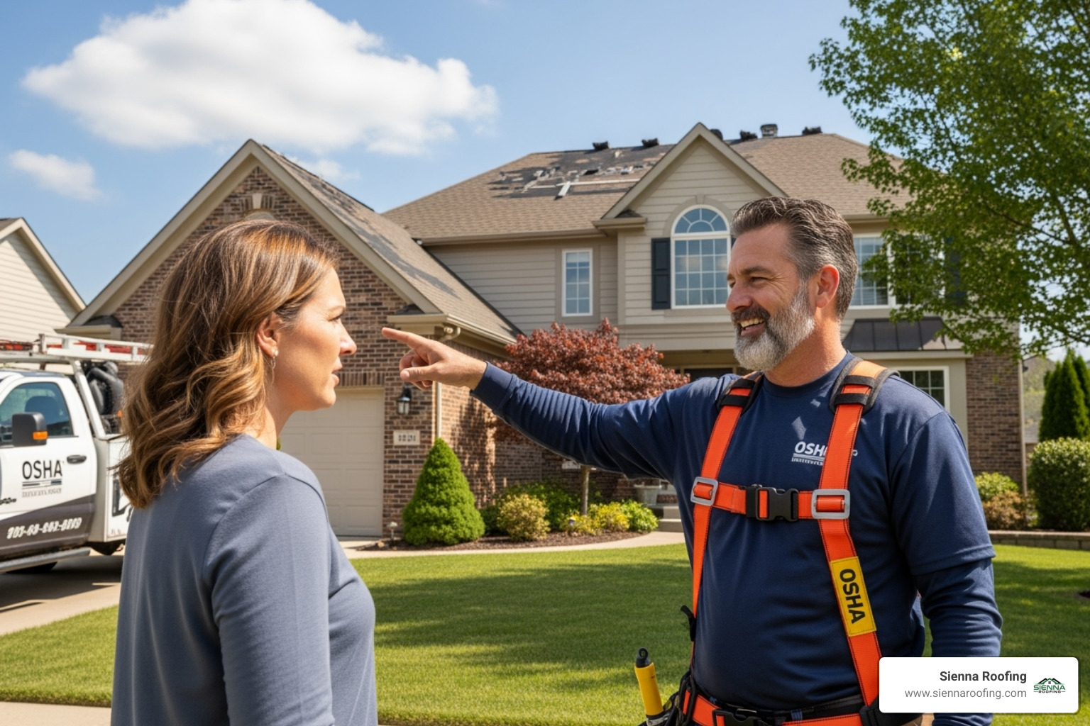 A friendly roofing contractor, wearing an OSHA-compliant safety harness, is talking with a homeowner on their property, pointing towards the roof. - roofing companies in sugar land tx