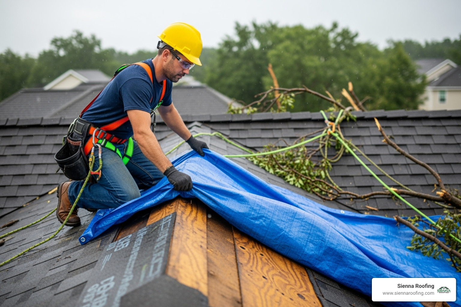 A professional roofer, wearing an OSHA-compliant safety harness, is carefully applying a temporary tarp to a roof damaged by a storm, to prevent further water intrusion. - roofing companies in sugar land tx