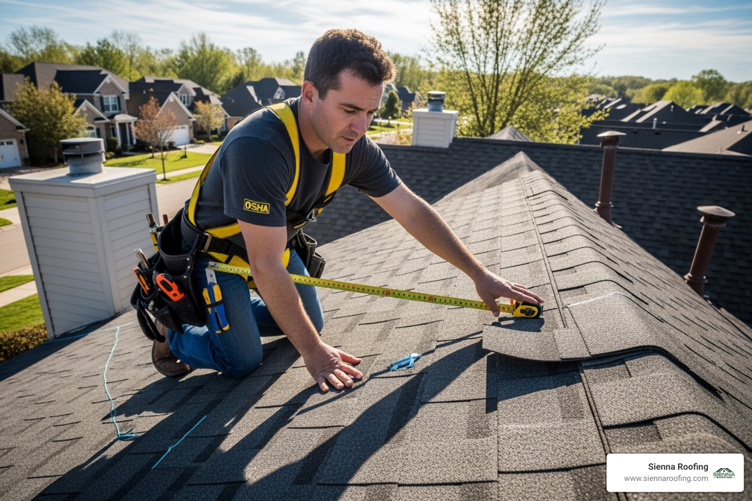 A professional roofer, wearing an OSHA-compliant safety harness, performing a detailed roof inspection on an asphalt shingle roof. - roofing companies in sugar land tx