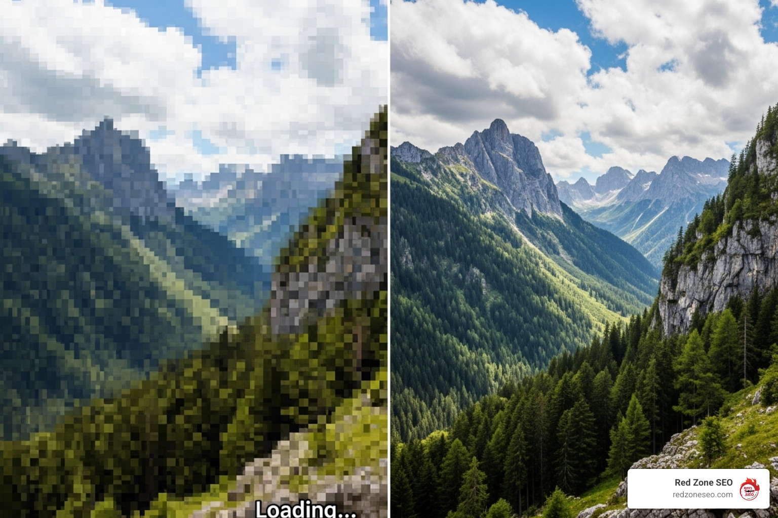A visual comparison showing a large, unoptimized image file on the left, demonstrating slow loading and pixelation, versus a smaller, compressed, fast-loading image on the right, with clear quality. - common on-page seo mistakes to avoid