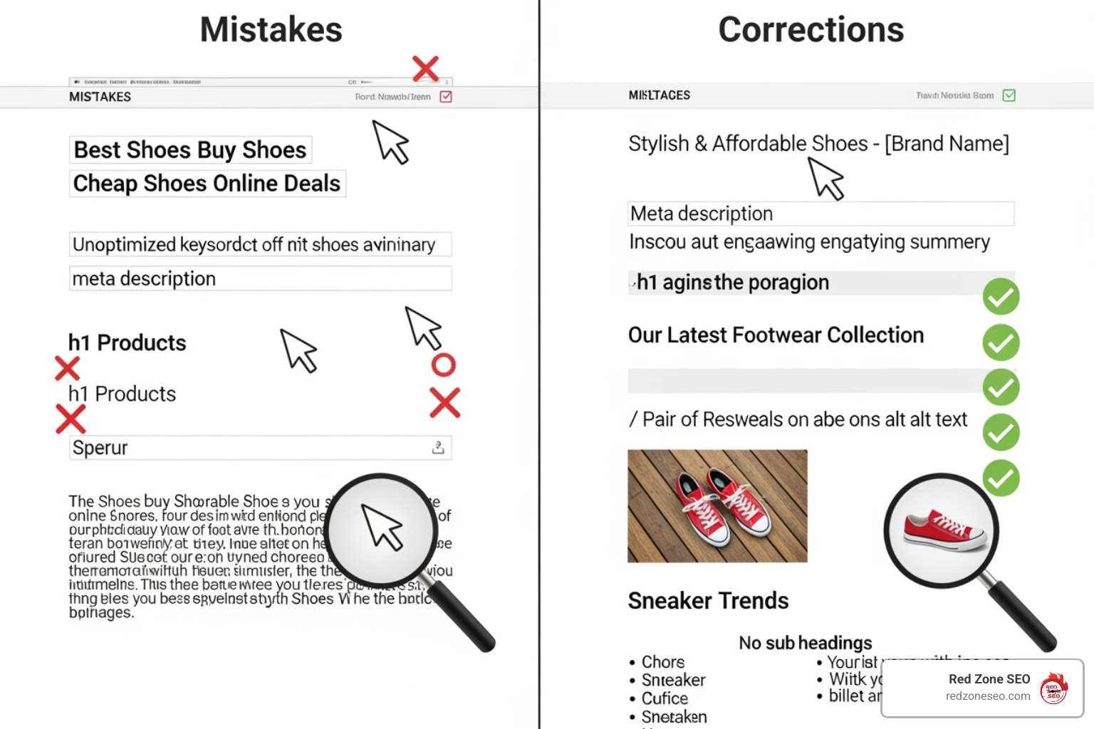 A side-by-side comparison of a website displayed poorly on a mobile phone with cramped text and unclickable elements, versus one that is responsive, displaying content clearly and adapting to the screen size. - common on-page seo mistakes to avoid