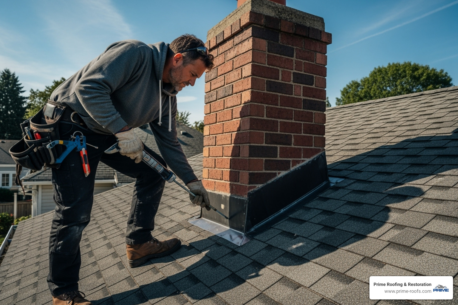 roofer inspecting chimney - estimate for roof repair roofer inspecting chimney - estimate for roof repair