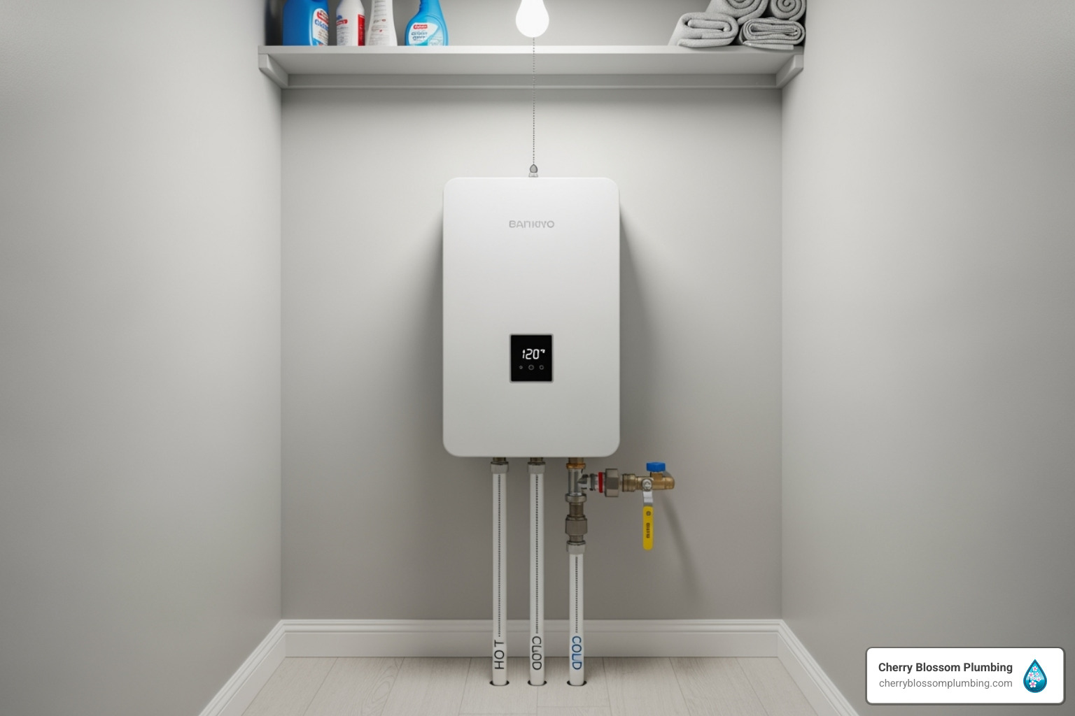 compact tankless unit mounted on a wall in a small closet - tankless water heater installation Arlington