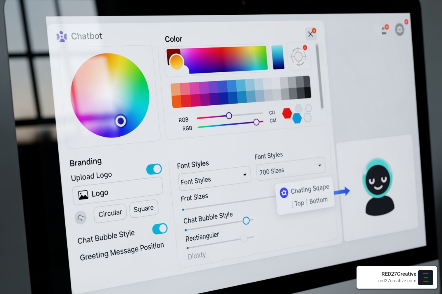 Chatbot customization interface with color pickers and branding options - Chatbot integration for websites Chatbot customization interface with color pickers and branding options - Chatbot integration for websites