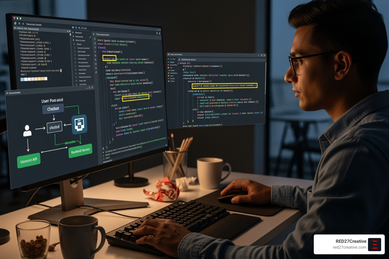 Developer viewing a code snippet for chatbot integration - Chatbot integration for websites Developer viewing a code snippet for chatbot integration - Chatbot integration for websites
