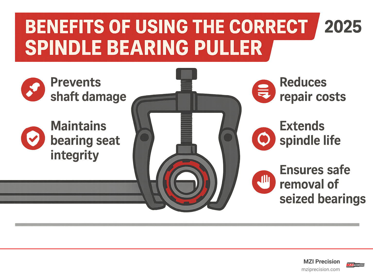 INFOGRAPHIC SHOWING THE KEY BENEFITS OF USING THE CORRECT SPINDLE BEARING PULLER: PREVENTS SHAFT DAMAGE, MAINTAINS BEARING SEAT INTEGRITY, REDUCES REPAIR COSTS, EXTENDS SPINDLE LIFE, AND ENSURES SAFE REMOVAL OF SEIZED BEARINGS - SPINDLE BEARING PULLER INFOGRAPHIC 