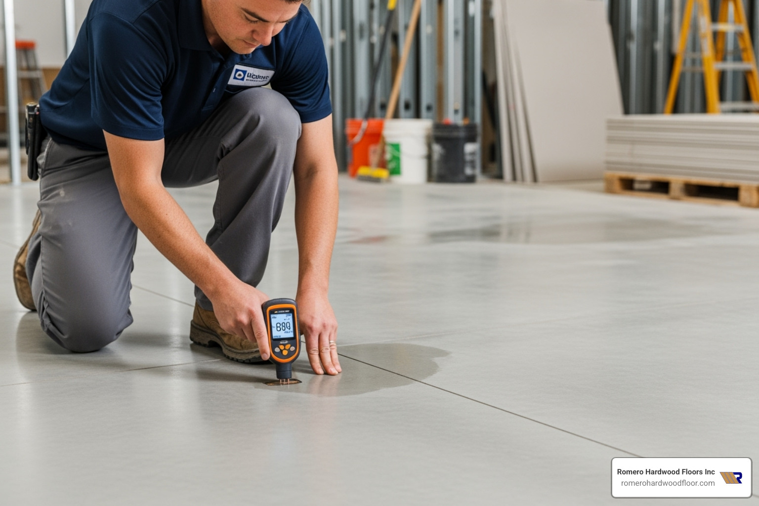professional installer testing the moisture of a concrete slab - hardwood flooring over radiant heated concrete