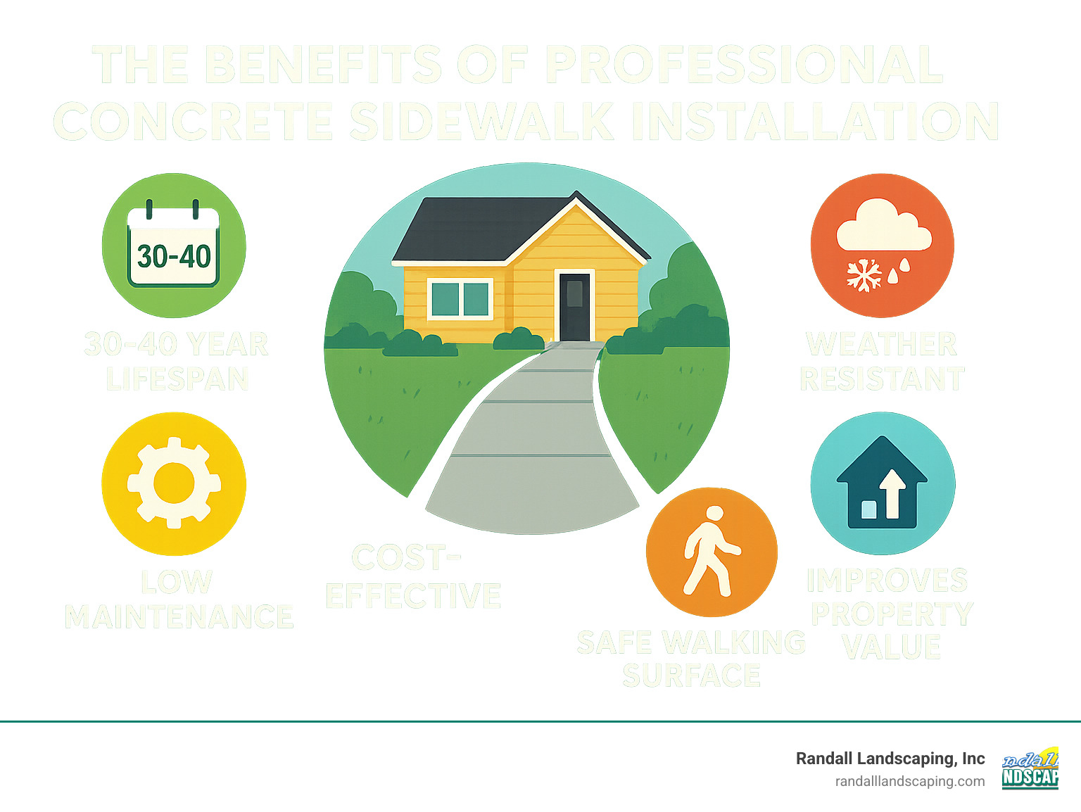 Infographic showing the key benefits of professional concrete sidewalk installation: 30-40 year lifespan, low maintenance requirements, cost-effective compared to other materials, weather resistant in New England climates, improves property value, and provides safe walking surfaces - concrete sidewalk contractors infographic 