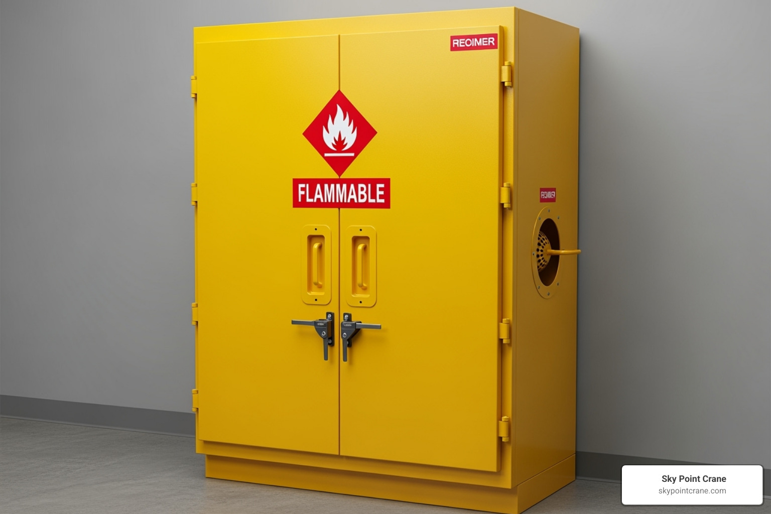A clearly labeled yellow safety cabinet for flammable materials, securely closed - industrial cabinets