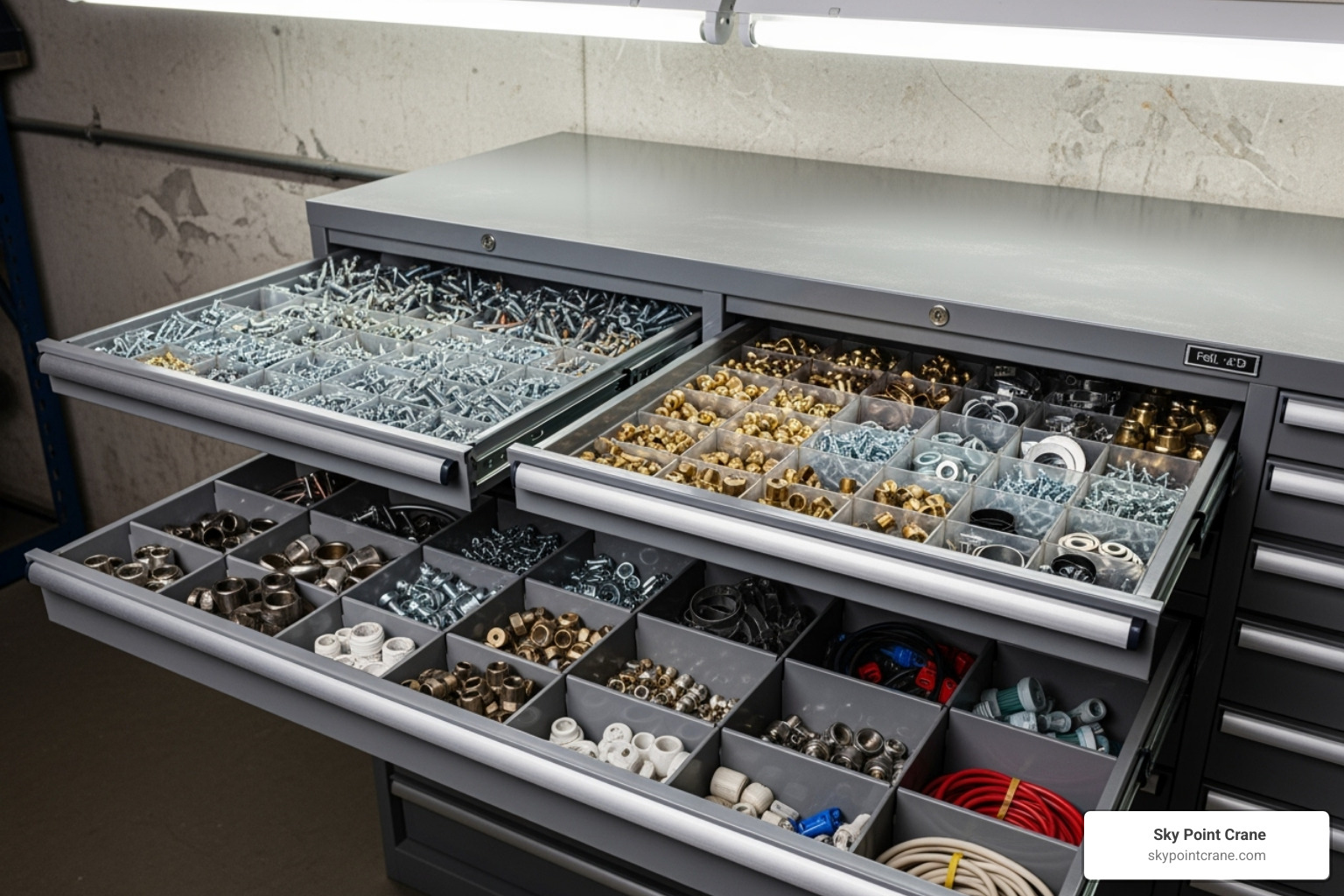A modular drawer cabinet with clearly organized small parts in various compartments - industrial cabinets