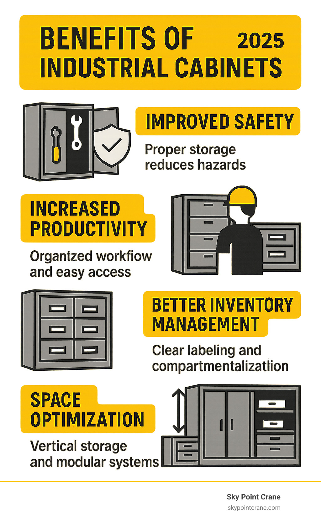 Infographic showing the key benefits of industrial cabinets: Improved Safety through proper tool storage and hazard reduction, Increased Productivity via organized workflow and easy access, Better Inventory Management with clear labeling and compartmentalization, and Space Optimization through vertical storage and modular systems - industrial cabinets infographic 