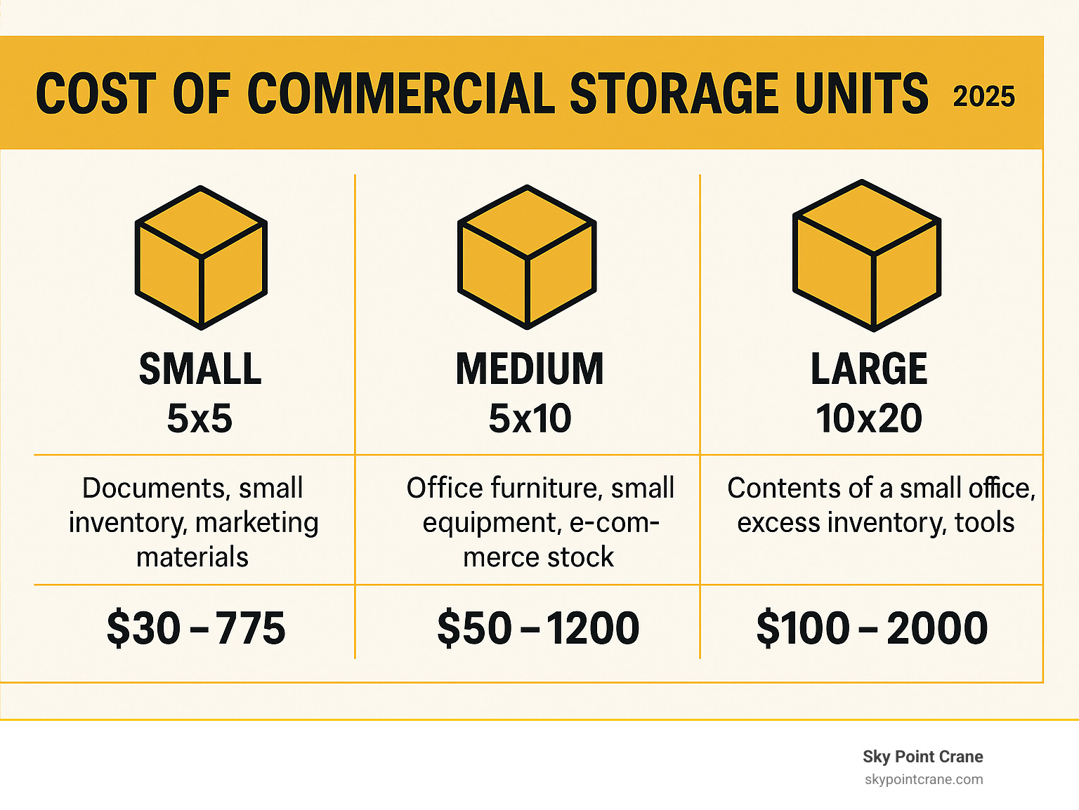 table comparing average costs for small, medium, and large units - commercial storage units near me infographic 
