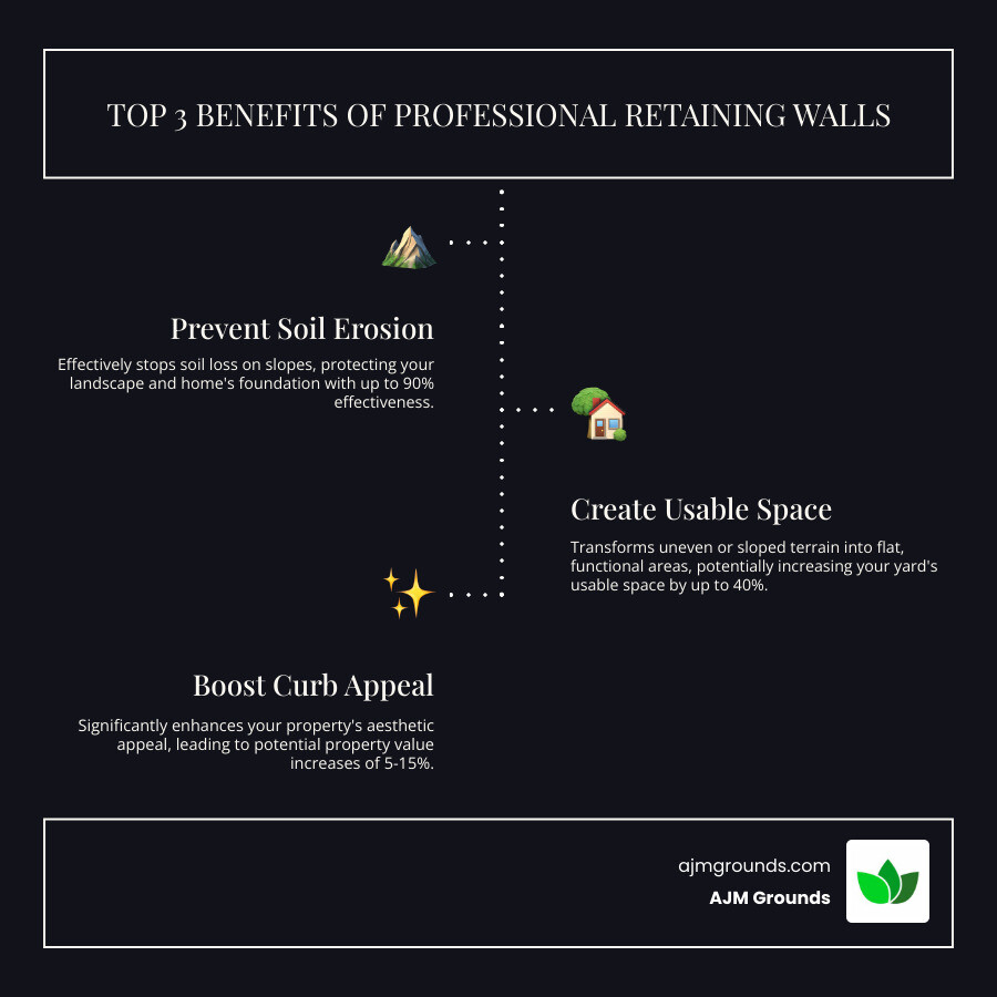 Infographic showing the top 3 benefits of professionally installed retaining walls: preventing soil erosion with 90% effectiveness, creating level yard space that can increase usable area by up to 40%, and boosting curb appeal with potential property value increases of 5-15% - retaining wall landscaping near me infographic infographic-line-3-steps-dark