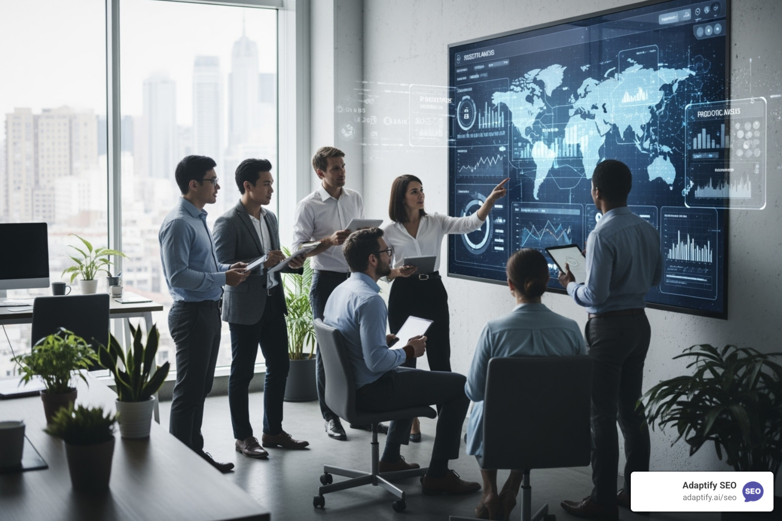 team collaborating with AI data visualization - how will ai impact seo strategies in 2025