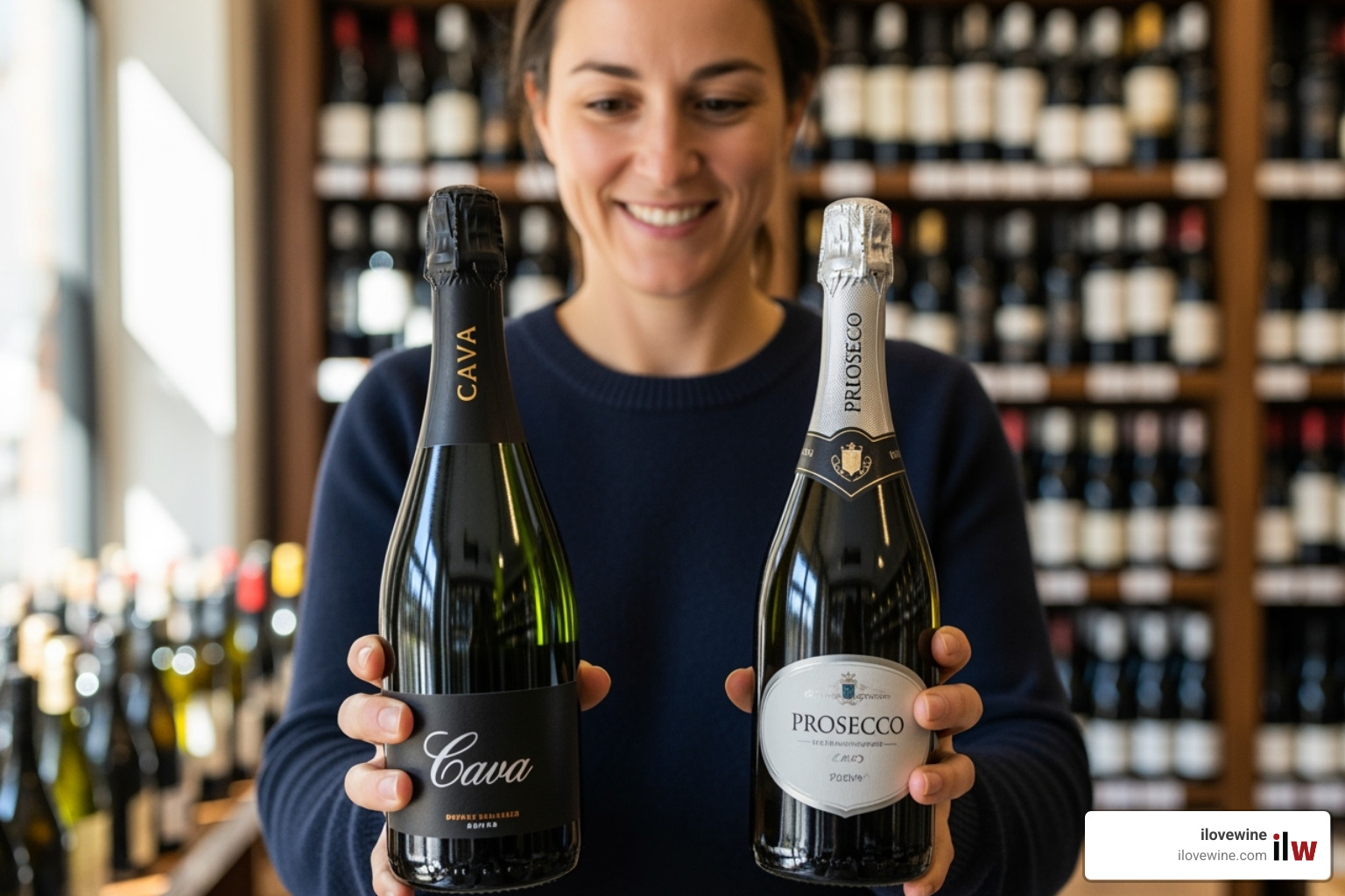 person smiling while choosing between a bottle of Cava and Prosecco in a wine shop - cava vs prosecco