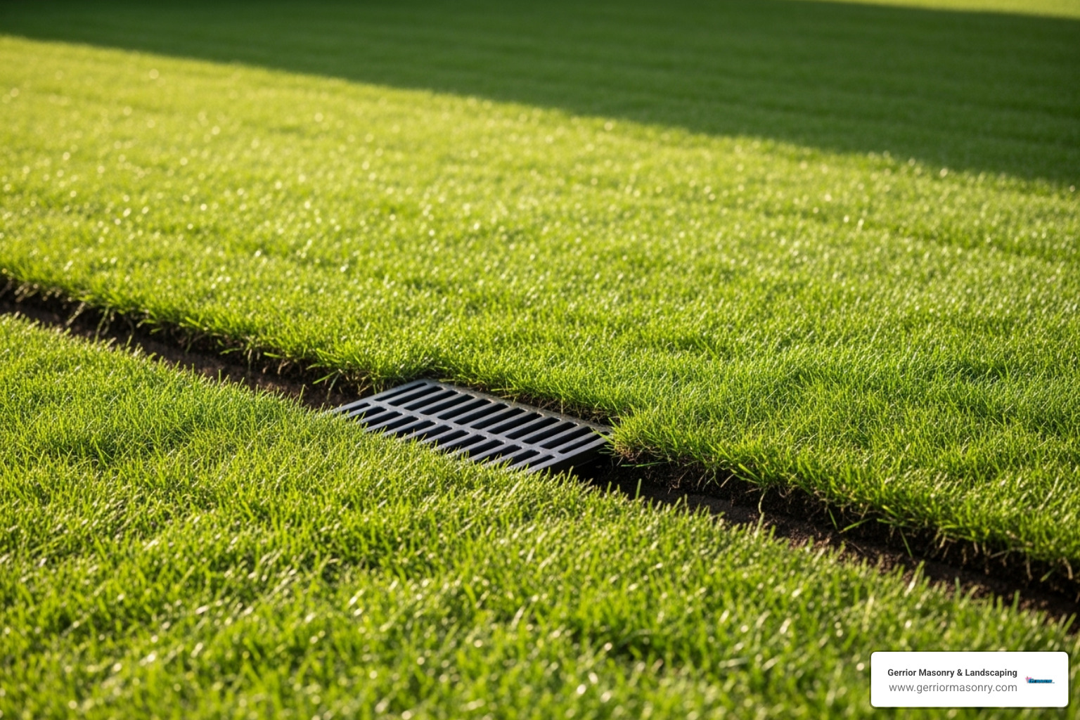 finished installation showing sod placed over the trench and the catch basin grate flush with the ground - diy catch basin for french drain