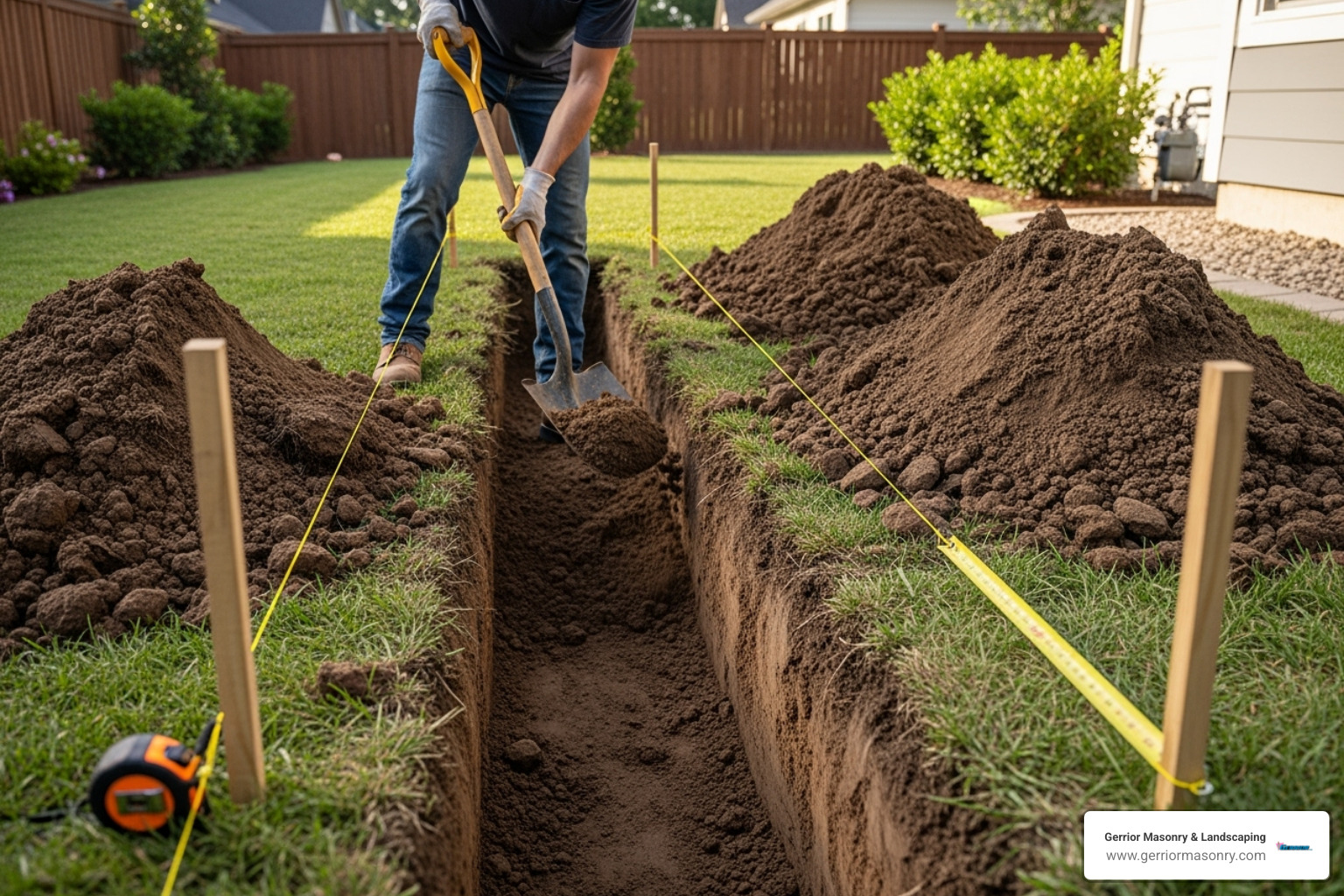 person digging a trench with string lines to ensure a straight path and proper slope - diy catch basin for french drain