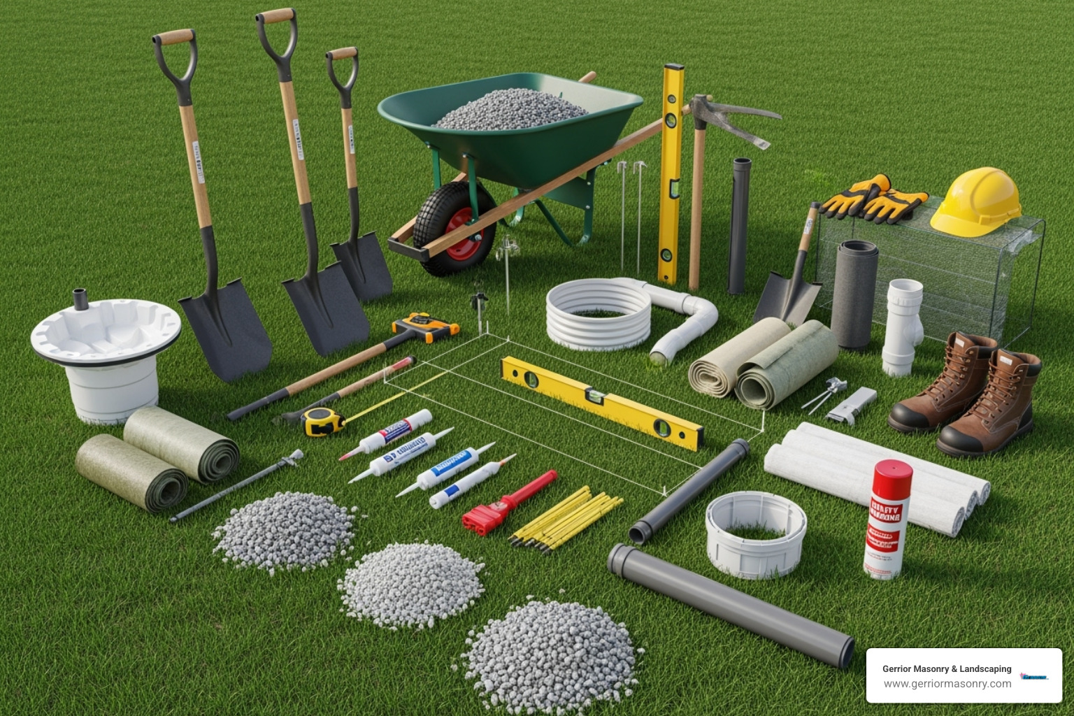 all the tools and materials laid out on a lawn before starting the project - diy catch basin for french drain