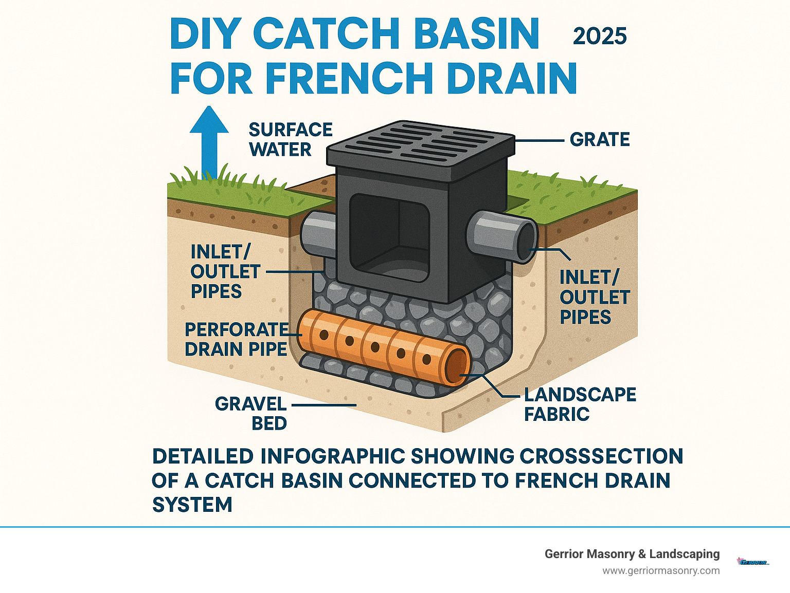 Detailed infographic showing cross-section of a catch basin connected to French drain system, with labeled components including grate, sump area, inlet/outlet pipes, perforated drain pipe, gravel bed, and landscape fabric, demonstrating how surface water flows through the system - diy catch basin for french drain infographic 