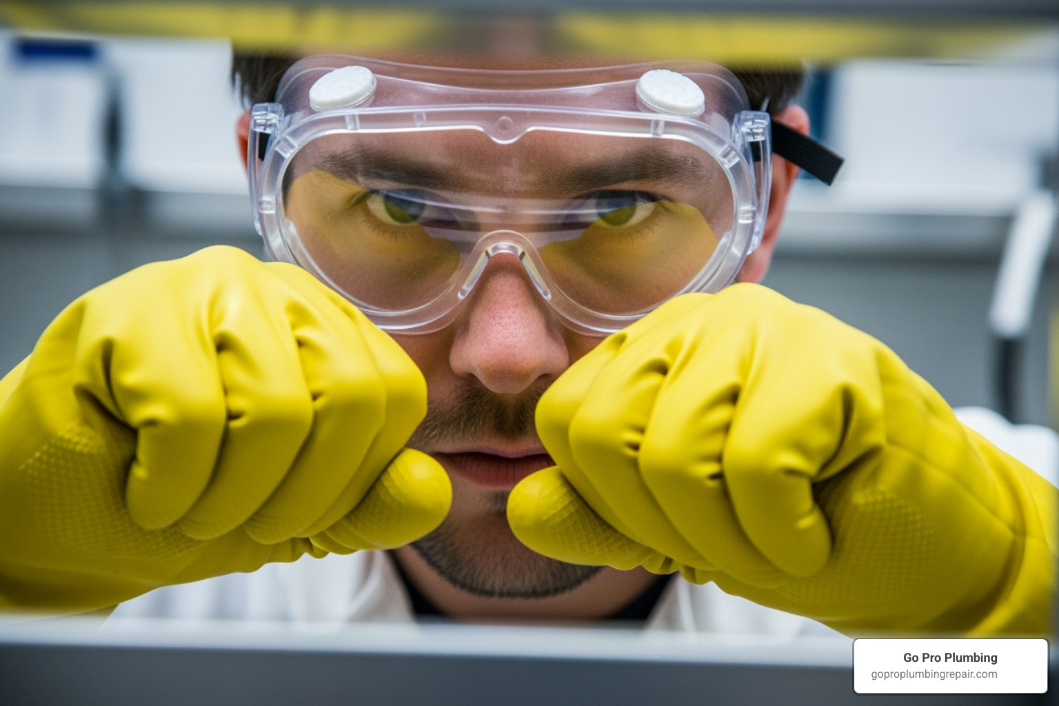 person wearing safety goggles and rubber gloves - best drain clog remover