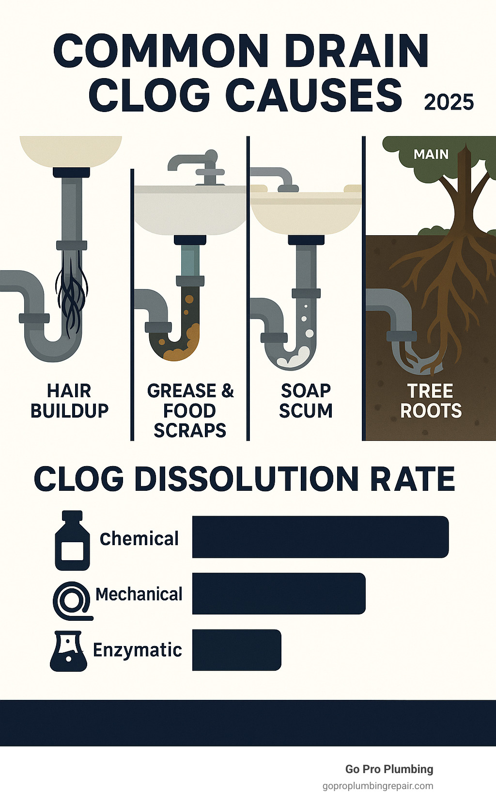 Infographic showing common drain clog causes including hair buildup in bathroom drains, grease and food scraps in kitchen sinks, soap scum accumulation, and tree root intrusion in main lines, with statistics on dissolution rates for different cleaner types - best drain clog remover infographic 